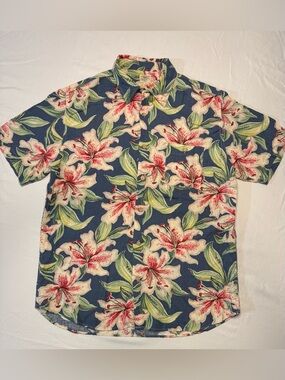 Faherty Navy Floral Short-Sleeve Button-Down with Cream & Pink Blooms